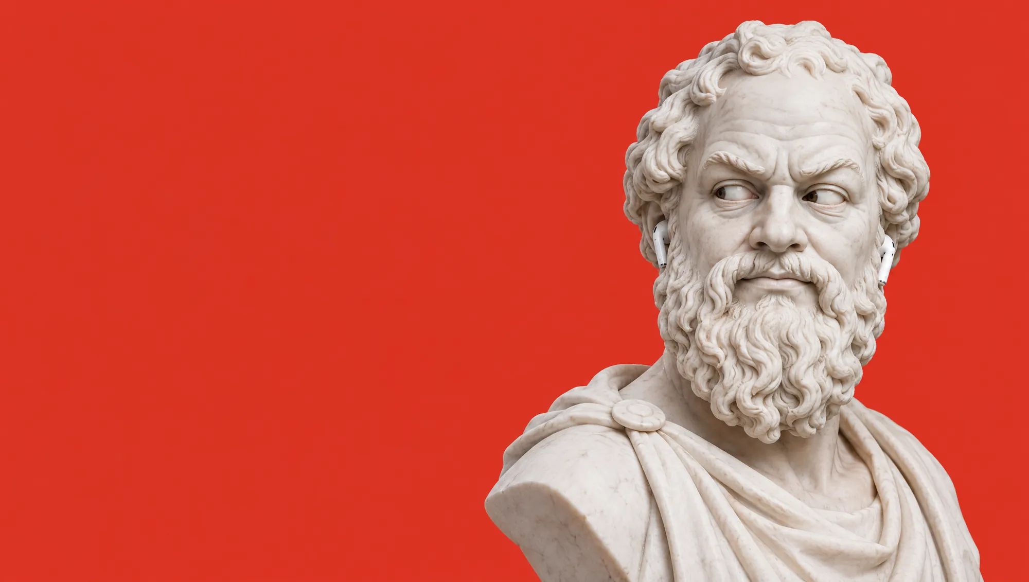 Marble bust of a Greek philosopher wearing wireless earbuds, looking sideways