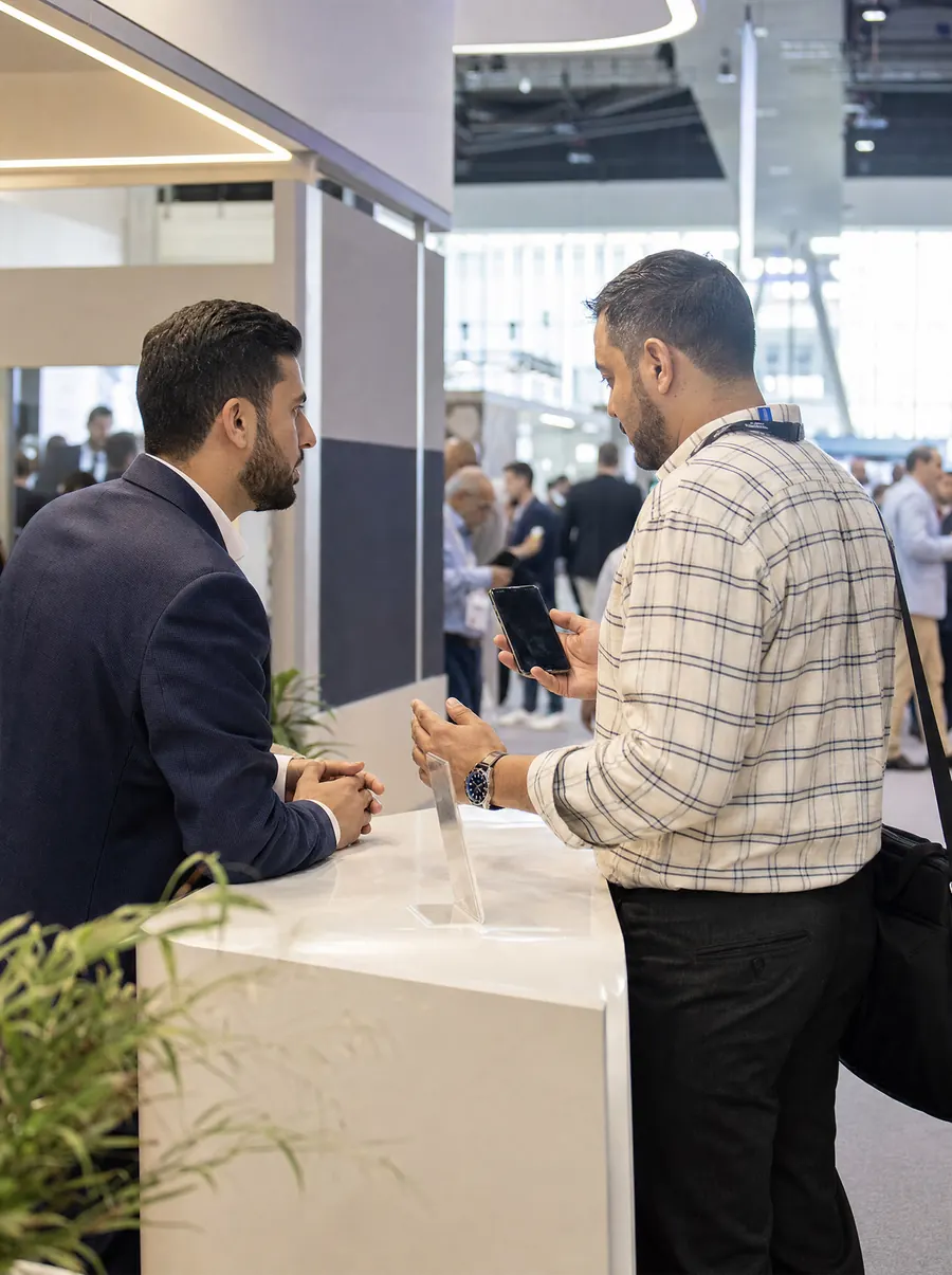 Our staff member at an exhibition stand counter talking with a visitor who is holding up a phone